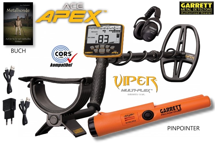 Garrett ACE APEX Metalldetektor mit Funkkopfhörer & Pinpointer PRO-Pointer AT Z-Lynk sowie Schatzsucherhandbuch