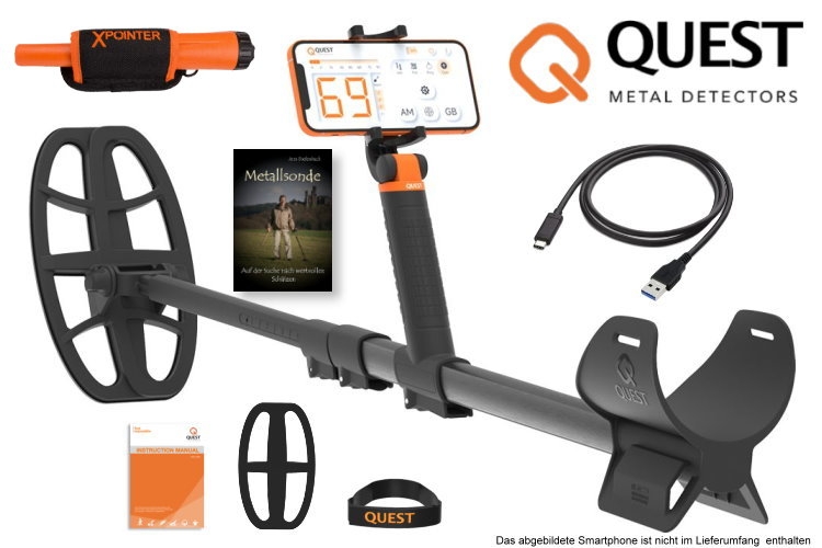 Metalldetektor Quest AIR mit Xpointer & Schatzsucherhandbuch